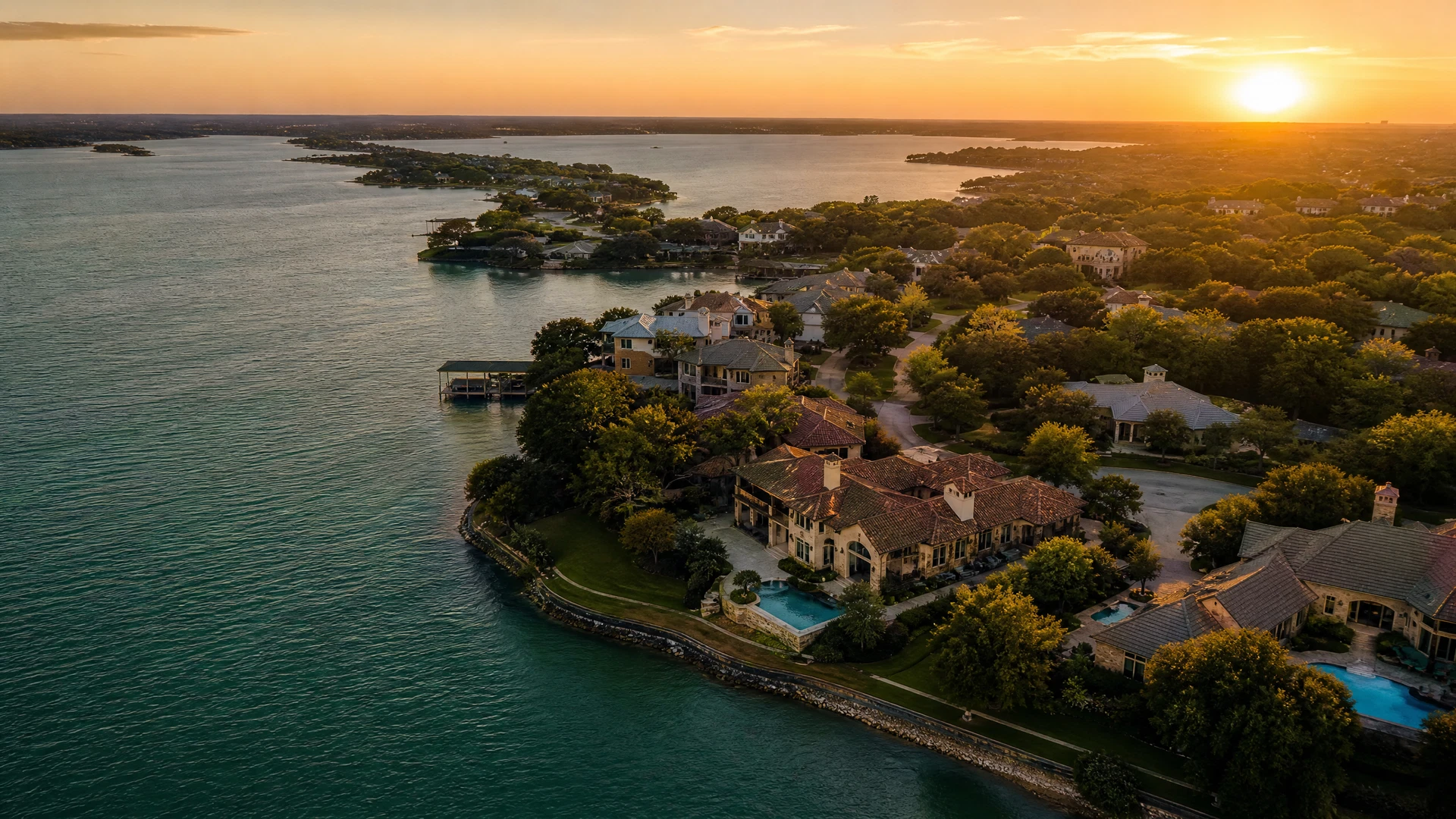 Lake Dallas lakefront homes at golden sunset